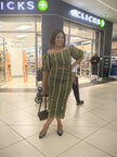 Printed midi dress with short sleeves, olive and black zigzag pattern