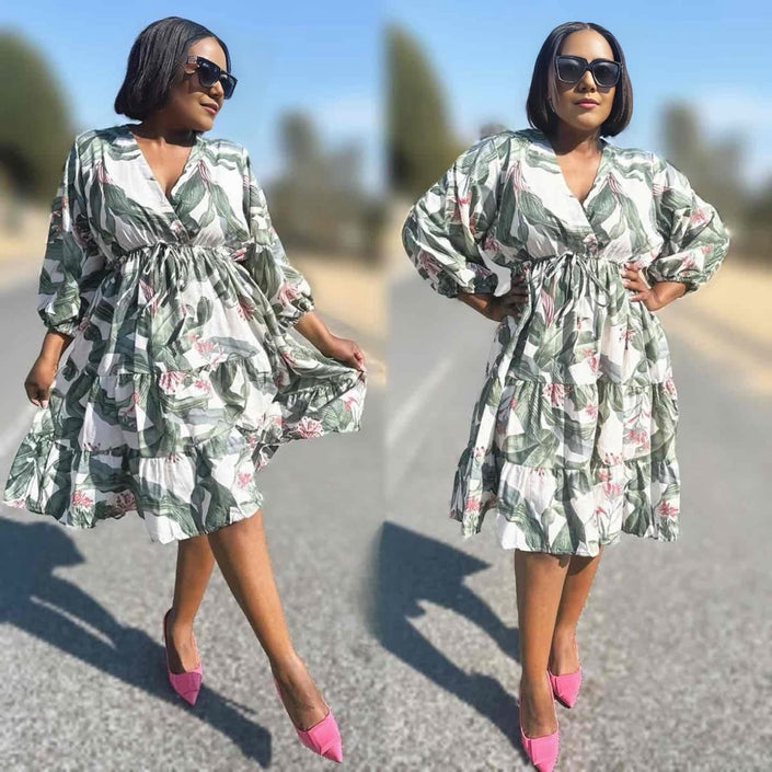 Printed midi dress with puff sleeves, green leaf and pink floral pattern