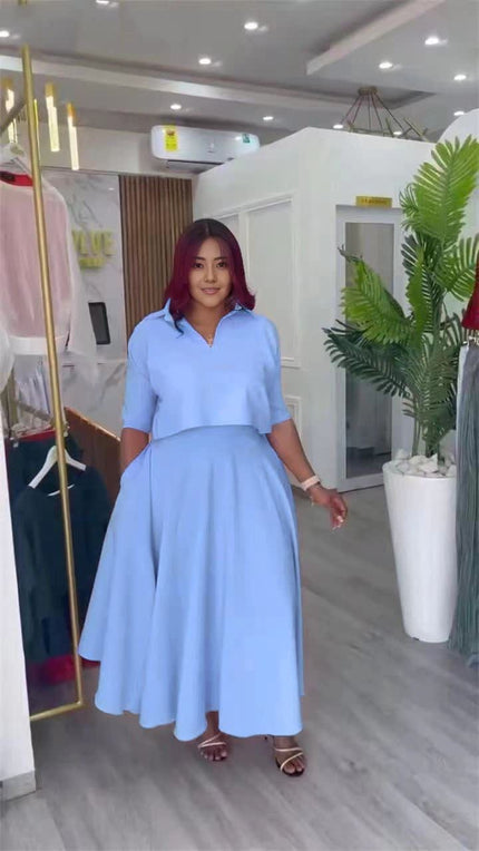 Sky-blue collared shirt and A-line skirt set, belted waist, 3/4 sleeves