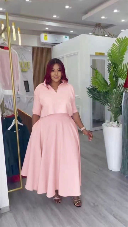 Pink collared shirt and A-line skirt set, belted waist, 3/4 sleeves