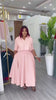 Pink collared shirt and A-line skirt set, belted waist, 3/4 sleeves