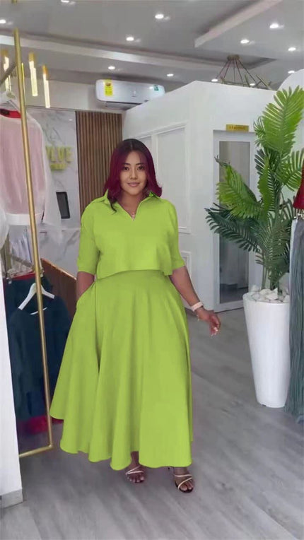 Green collared shirt and A-line skirt set with belted waist, 3/4 sleeves