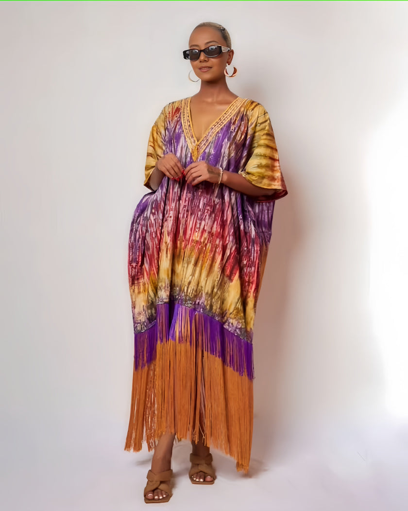 Bohemian V-Neck Kaftan with Abstract Streak Pattern and Fringe Hem