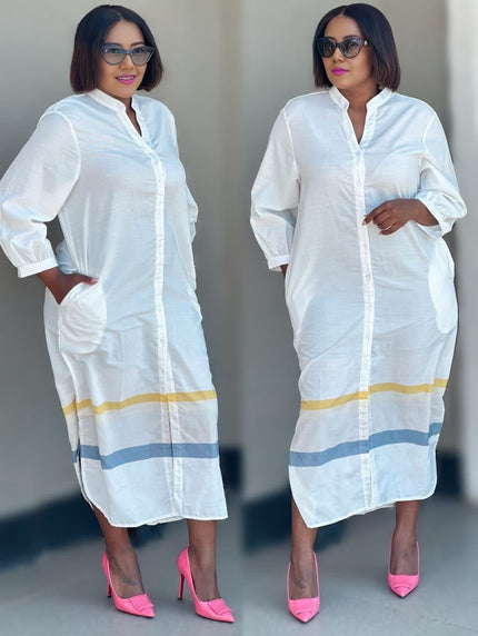 Midi Dress Mandarin Collar Button Striped Chic Casual