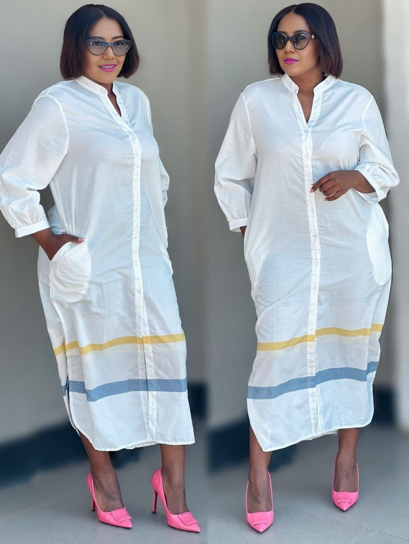 Mandarin Collar Button-Up Striped Midi Dress