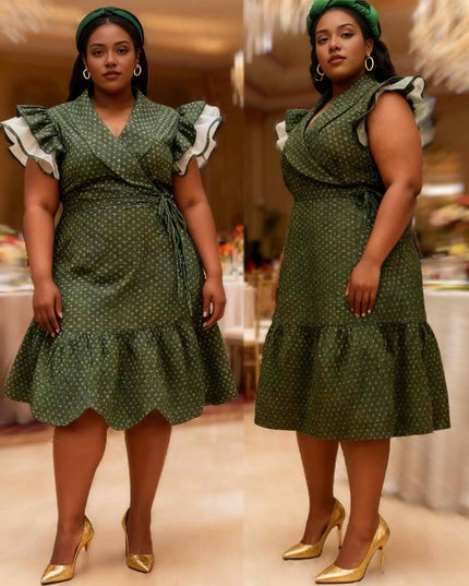 Green dotted wrap midi dress with ruffled sleeves and tiered skirt