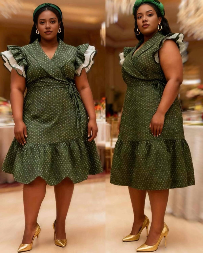 Ethnic Style Wrap Midi Dress Ruffle Sleeve Dotted Chic