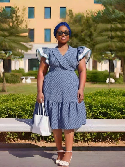 Vintage-style printed dress with ruffle sleeves, blue V-neck and tiered skirt hem