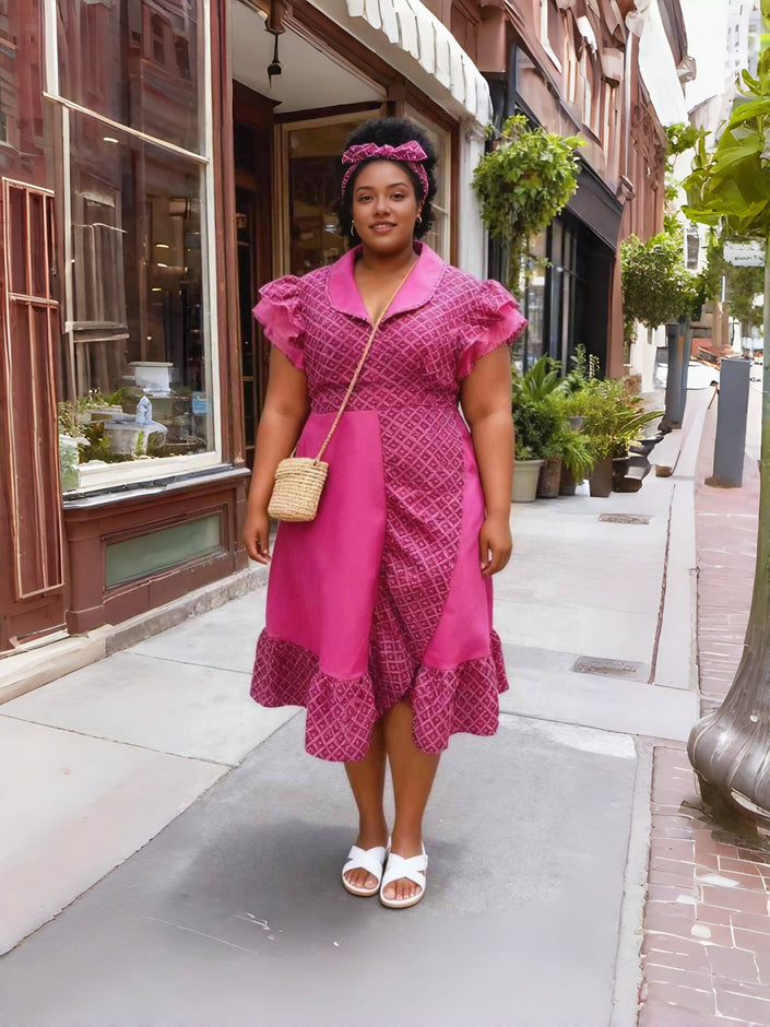 Pink ruffle sleeve midi dress with V neckline and textured pattern, tiered hem