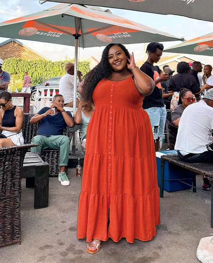 Orange plus size maxi dress, sleeveless tiered design with front button placket.