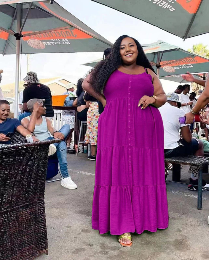 Purple plus size maxi dress, sleeveless tiered hem with front button placket.
