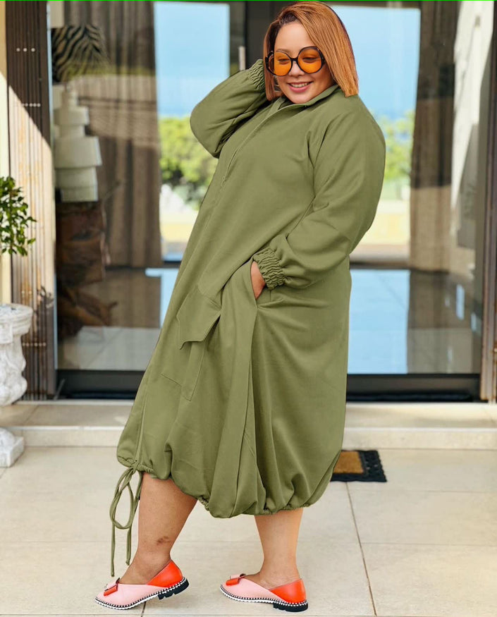 Olive midi dress with zip front, puff sleeves, patch pockets, adjustable drawstring hem