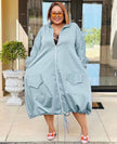 Sky-blue midi dress with zip front, puff sleeves, patch pockets, adjustable drawstring hem