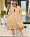 Beige midi dress with zip front, puff sleeves, patch pockets, adjustable drawstring hem