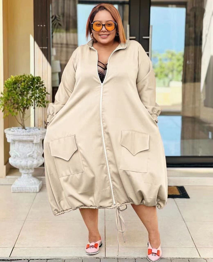 Light beige midi dress with zip front, puff sleeves, patch pockets, drawstring hem ties