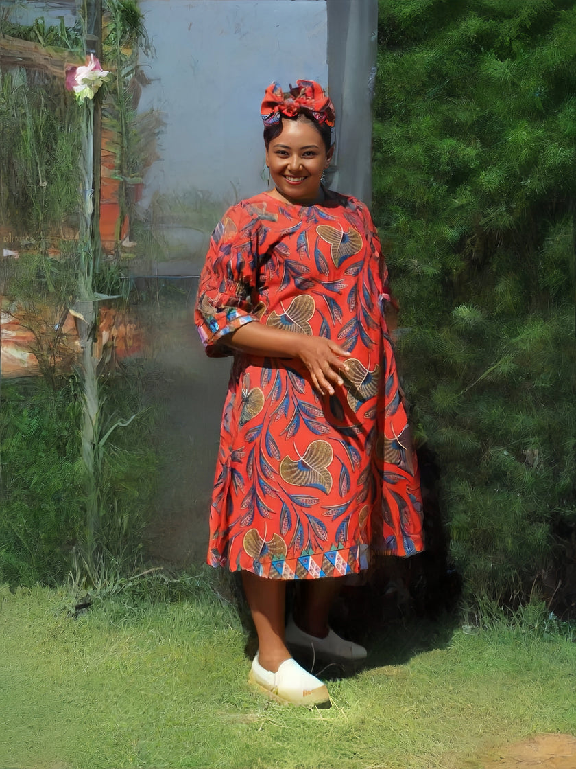 Ethnic Leaf Pattern Midi Dress with Relaxed Silhouette