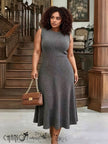 Grey ribbed knit A-line midi dress, sleeveless with high round neckline