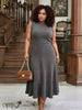 Grey ribbed knit A-line midi dress, sleeveless with high round neckline