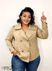 Beige double-breasted trench jacket, notched lapels, gold button front