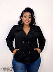 Black double-breasted trench jacket with notched lapels and gold button front