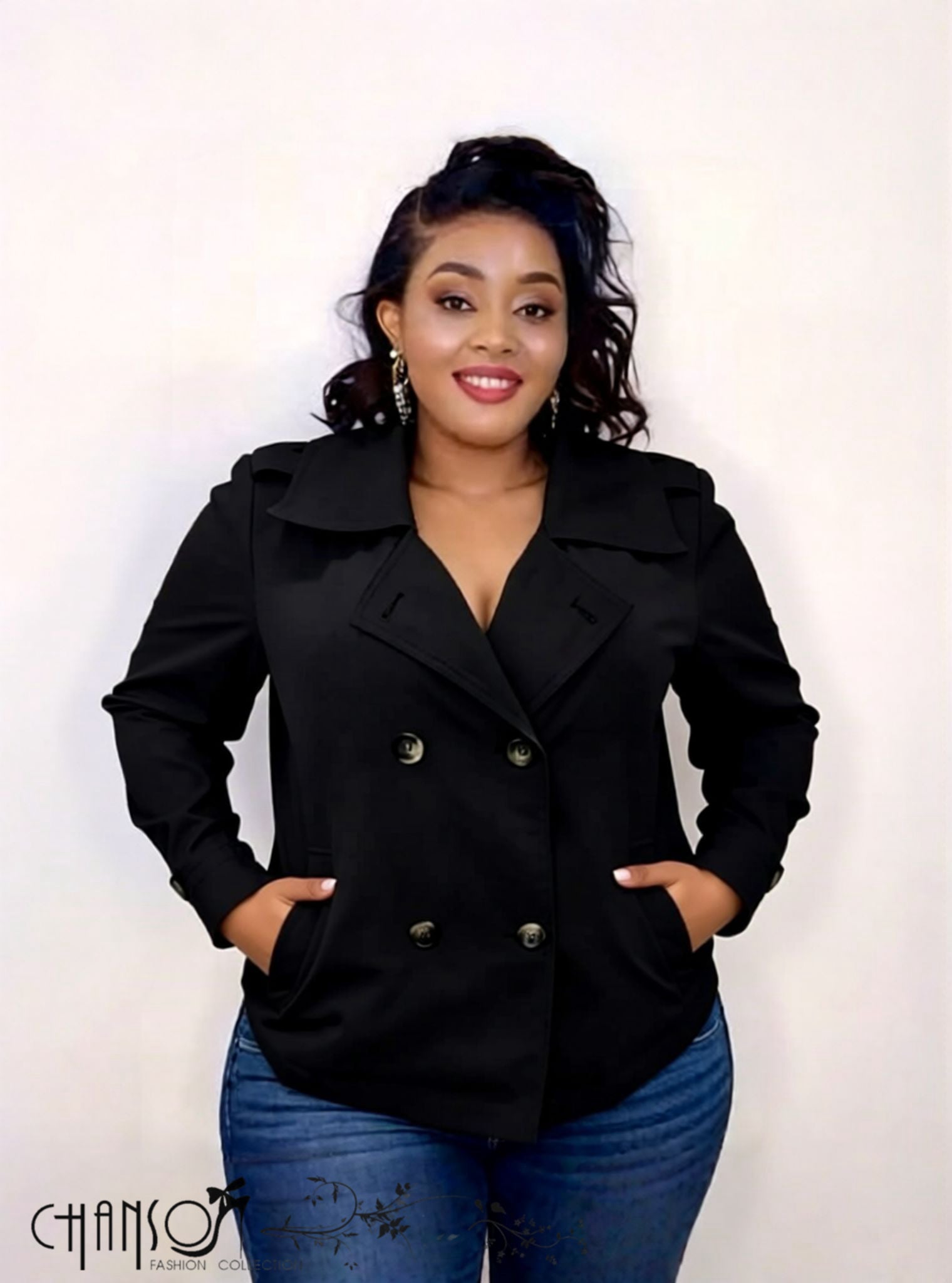 Black double-breasted trench jacket with notched lapels and gold button front
