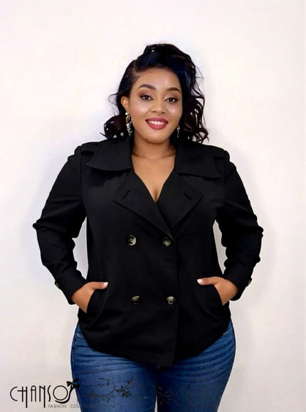 Black double-breasted trench jacket with notched lapels and gold button front
