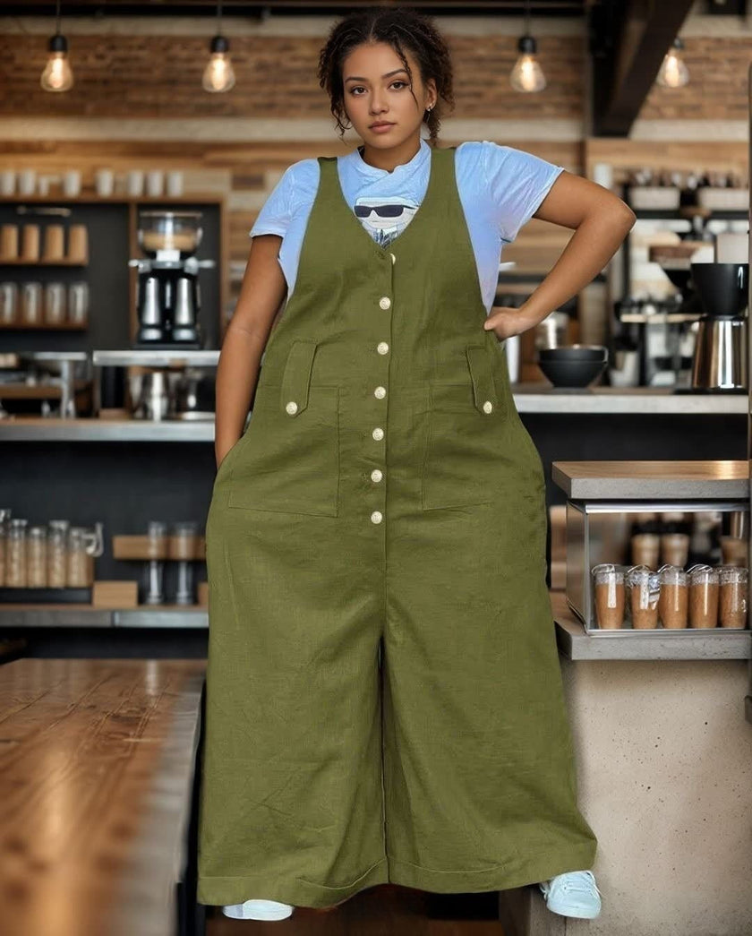 Army-green loose jumpsuit with front button placket and side pockets