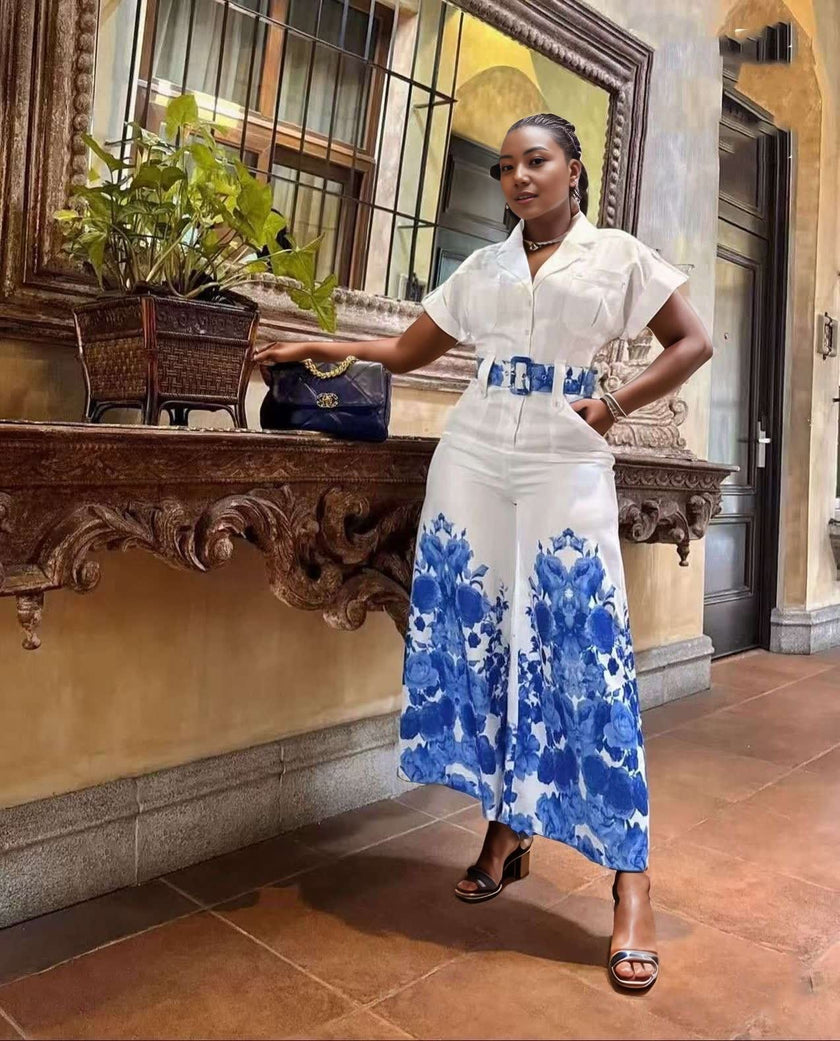 Wide-Leg Floral Print Jumpsuit with Belted Waist
