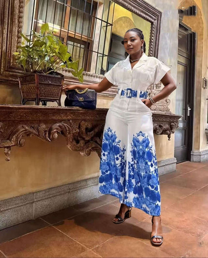 Jumpsuit Wide-Leg Floral Print Belted Waist Chic