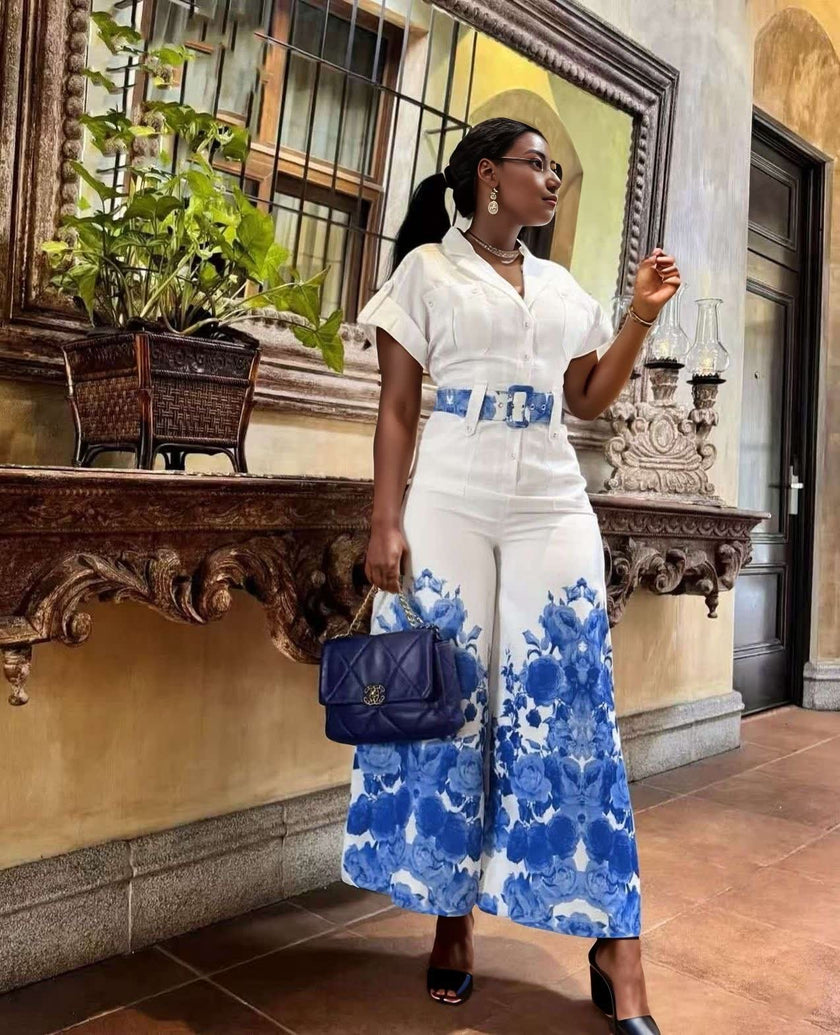 Wide-Leg Floral Print Jumpsuit with Belted Waist