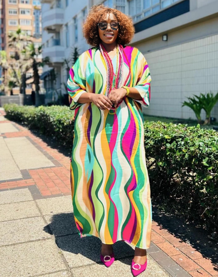 Wave print maxi dress with long sleeves and V-neck, multicolor