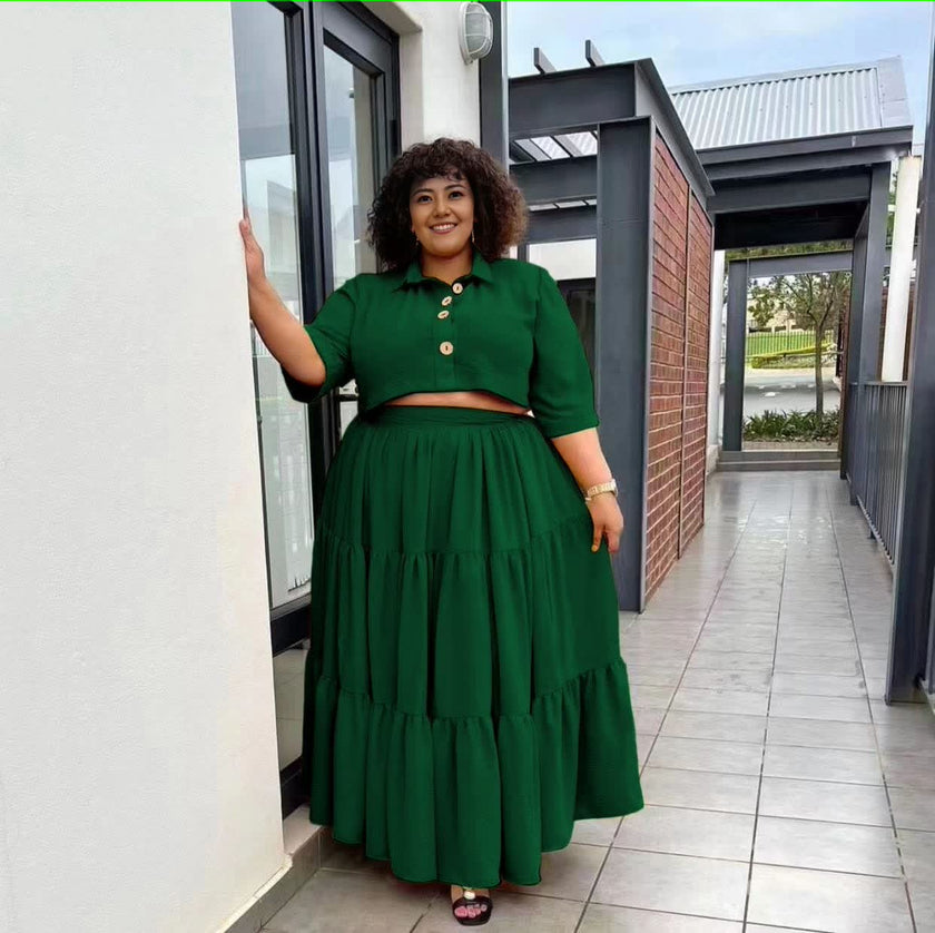 Two-Piece Ensemble with Buttoned Short-Sleeve Top and Tiered Maxi Skirt