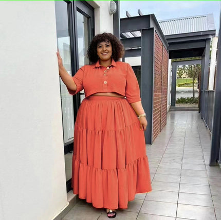 Tiered maxi skirt with stretch waist, dark orange