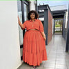 Two-Piece Ensemble with Buttoned Short-Sleeve Top and Tiered Maxi Skirt