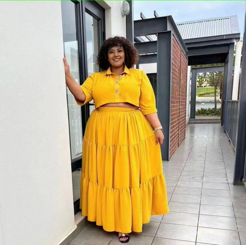 Two-Piece Ensemble with Buttoned Short-Sleeve Top and Tiered Maxi Skirt