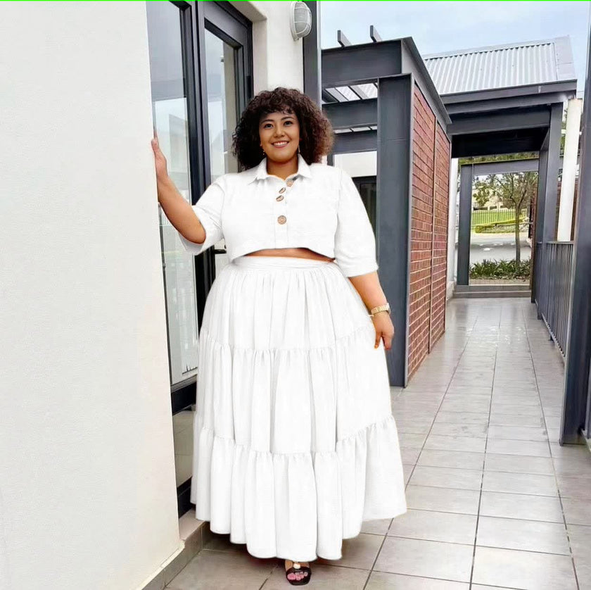 Two-Piece Ensemble with Buttoned Short-Sleeve Top and Tiered Maxi Skirt