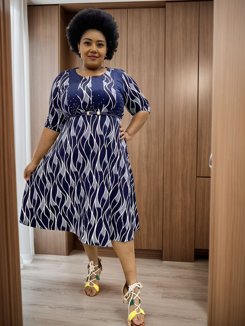 Mid-Length Dress with Geometric Pattern and Waist Embellishment