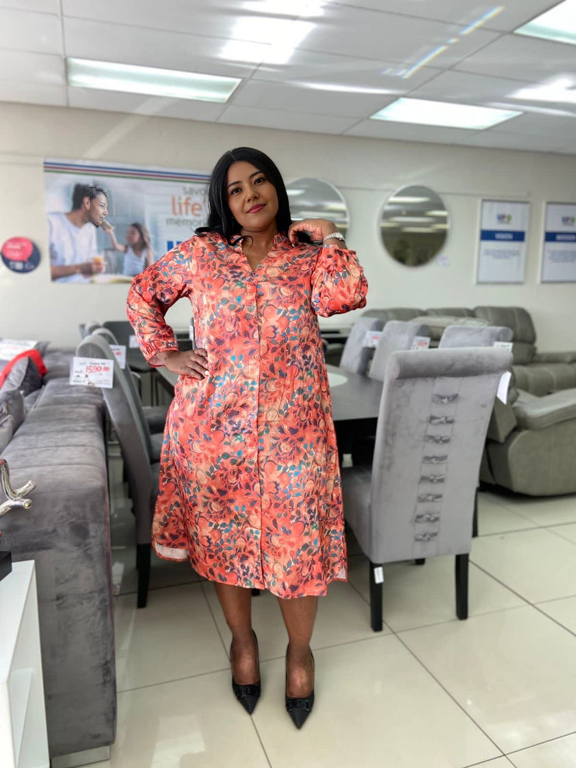 Floral Knee-Length Dress with Front Button Detailing