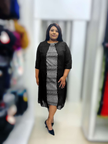 Plus size swirl midi dress with 3/4 sleeves, crew neck, black with white wave pattern
