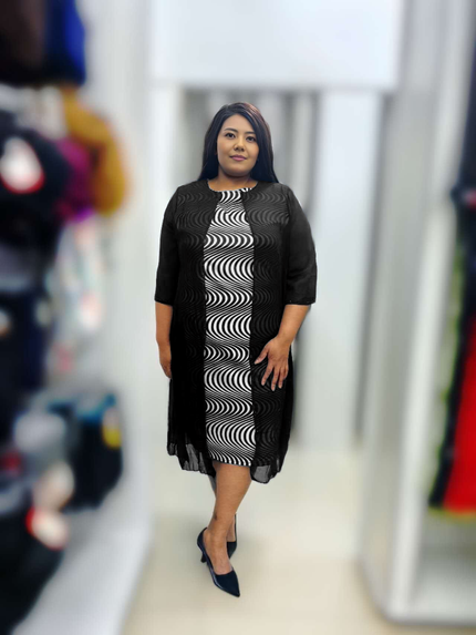 Plus size swirl midi dress with 3/4 sleeves, crew neck, black with white wave pattern