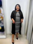 Swirl midi dress, black with white wave print, 3/4 sleeves and draped side hem