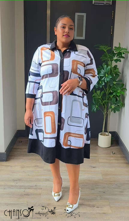 Plus size shirt dress, geometric print with black and orange blocks, midi length