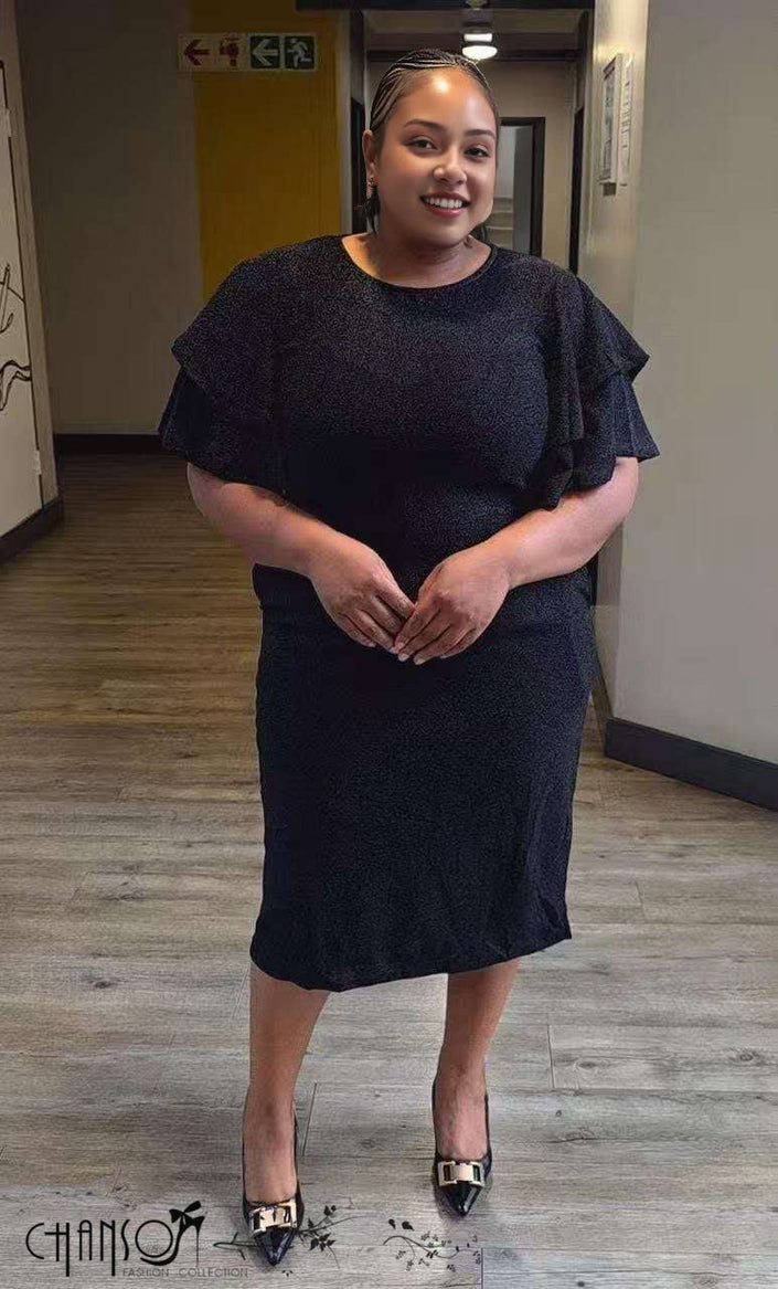 Plus size dark midi dress with ruffle sleeves, crew neck, front view