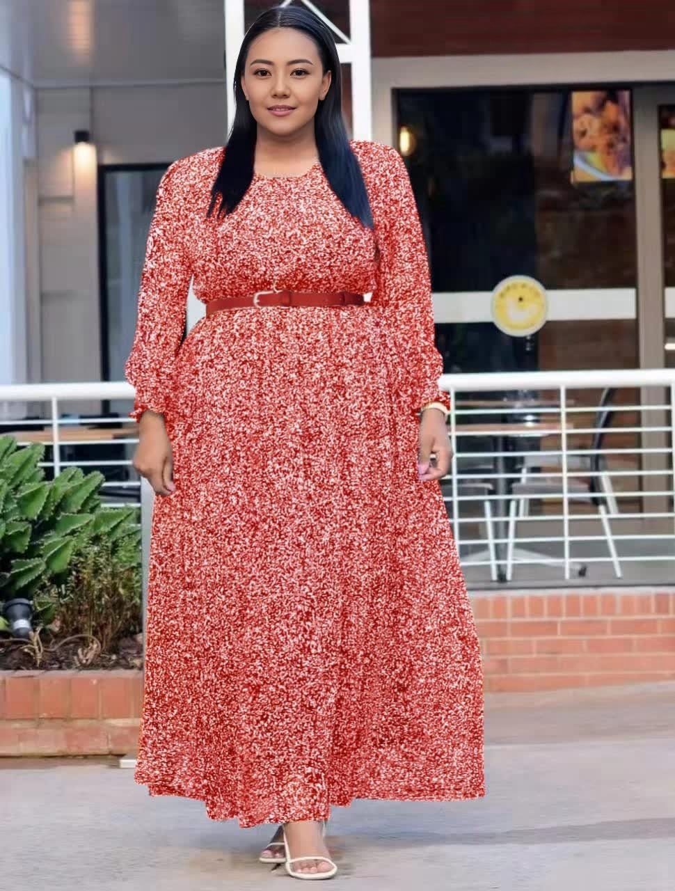 Plus size maxi dress with long sleeves, stretch waist, red speckled print