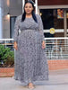 Plus size maxi dress with long sleeves, stretch waist, black speckled print