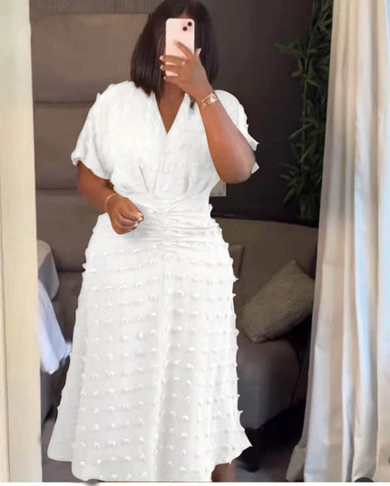 White textured dot midi dress, cinched waist, V-neck and short sleeves