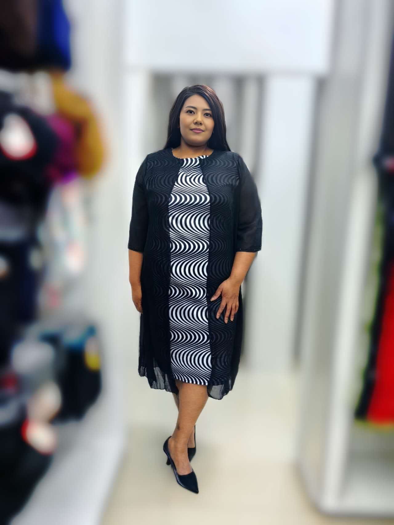 Plus size midi dress in black with white swirl wave print, 3/4 sleeves, midi length hem