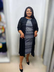 Swirl midi dress, black with white wave pattern, crew neck, 3/4 sleeves and side slit