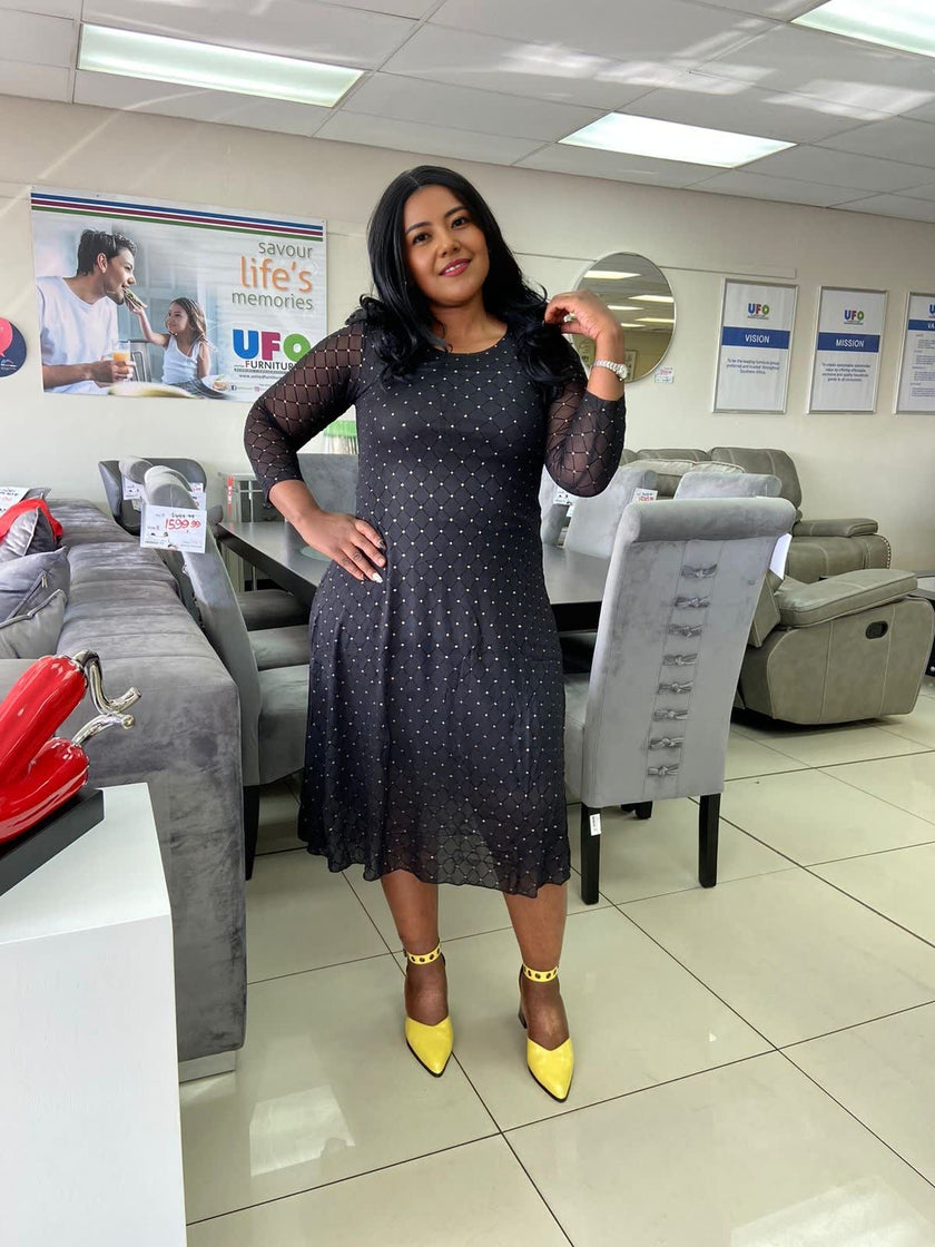 Polka Dot Flared Dress with Sheer Long Sleeves