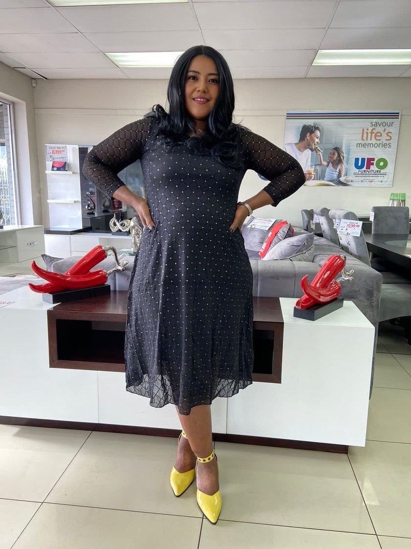 Polka Dot Flared Dress with Sheer Long Sleeves